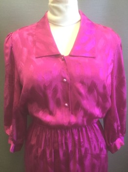 THE JONES GIRL, Fuchsia Pink, Polyester, Abstract , Satin with Self Paint Streaks Pattern, 3/4 Sleeve, Shirt Waist, Pink Pearl Buttons, Collar Attached, Elastic Waist, Knee Length, Lightly Padded Shoulders,