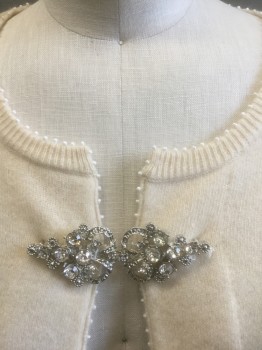 BETH BOWLEY, Cream, Cashmere, Solid, Knit, Tiny Pearl Bead Trim at Edges , Large Silver Metal Clasp with Silver Jewels and Center Front, 3/4 Sleeves