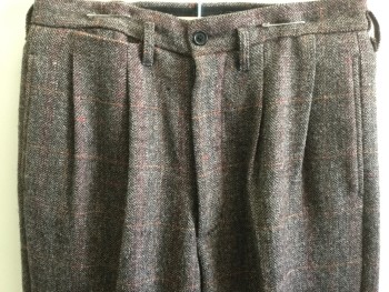 Mens, Pants, MTO, Brown, Rust Orange, Red, Taupe, Wool, Plaid-  Windowpane, 30/28, Double Pleats, Welt Pocket, Belt Loops, Cuffs, Suspender Buttons,