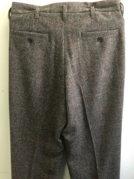 Mens, Pants, MTO, Brown, Rust Orange, Red, Taupe, Wool, Plaid-  Windowpane, 30/28, Double Pleats, Welt Pocket, Belt Loops, Cuffs, Suspender Buttons,