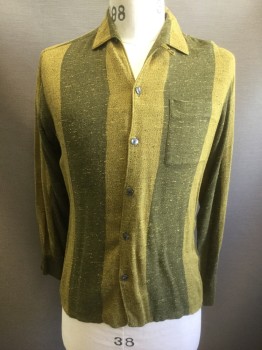 LANCER, Olive Green, Chartreuse Green, Cotton, Stripes - Vertical , Large Olive/Chartreuse Vertical Stripes with Slubbed Texture, Long Sleeve Button Front, Collar Attached, 1 Patch Pocket, Late 1950's