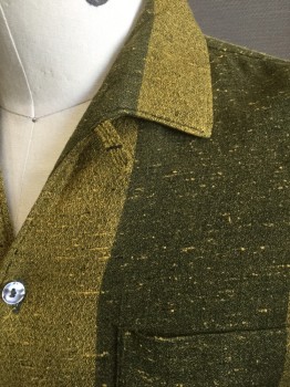 LANCER, Olive Green, Chartreuse Green, Cotton, Stripes - Vertical , Large Olive/Chartreuse Vertical Stripes with Slubbed Texture, Long Sleeve Button Front, Collar Attached, 1 Patch Pocket, Late 1950's