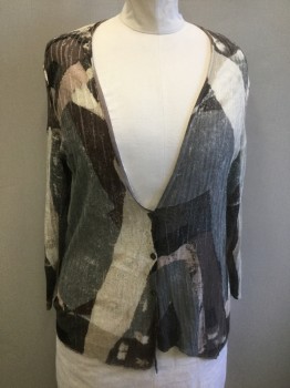 NIC + ZOE, Gray, Cream, Dk Gray, Charcoal Gray, Taupe, Linen, Viscose, Abstract , Shades of Gray/Taupe/Cream Patterned Lightweight Knit, Long Sleeves, Plunging V-neck, 4 Button Front