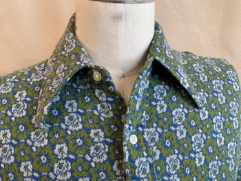 CALIFORNIA, Olive Green, Royal Blue, Ecru, Polyester, Cotton, Floral, Collar Attached, Button Front, Long Sleeves, Curved Hem, Late 1960s - Early 1970's