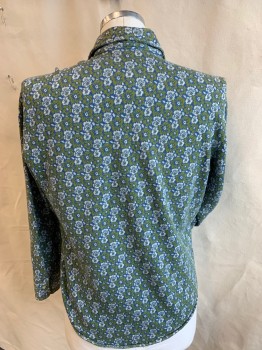 CALIFORNIA, Olive Green, Royal Blue, Ecru, Polyester, Cotton, Floral, Collar Attached, Button Front, Long Sleeves, Curved Hem, Late 1960s - Early 1970's