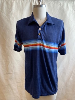 CALIFORNIA STYLED, Navy Blue, Poly/Cotton, Stripes - Horizontal , with Multi Blue/orange/Red Stripes, Collar Attached, 2 Button Placket, Short Sleeves