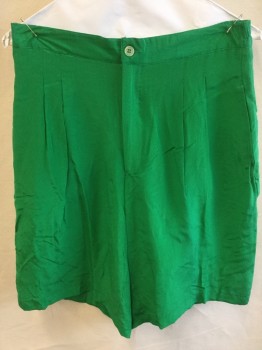 Womens, Shorts, MONTAGE, Green, Silk, Solid, M, W:28, 1.5" Waistband Front with Elastic Back, 2 Pleat Front, Zip Front, 3 Pockets,