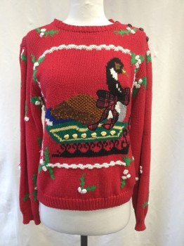 THE EAGLE'S EYE, Red, White, Green, Brown, Black, Ramie, Cotton, Holiday, CN, Knit with Ribbed Collar, cuffs and Hem, Duck and Mistletoe Pattern, Button Closure at Left Shoulder