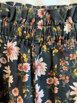 Womens, Shorts, WILD FABLE, Faded Black, Cream, Brown, Brick Red, Mustard Yellow, Cotton, Polyester, Floral, W26-28, M, 2" (2 Tiers) Elastic Waistband with Self Attached Tie Belt,
