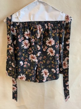 Womens, Shorts, WILD FABLE, Faded Black, Cream, Brown, Brick Red, Mustard Yellow, Cotton, Polyester, Floral, W26-28, M, 2" (2 Tiers) Elastic Waistband with Self Attached Tie Belt,