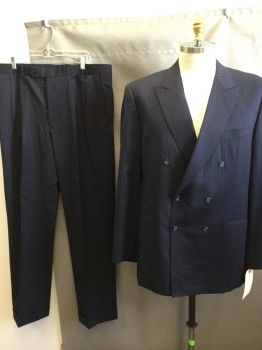 HIGH SOCIETY, Navy Blue, Gray, Wool, Stripes - Pin, Double Breasted, Peaked Lapel, 3 Pockets,