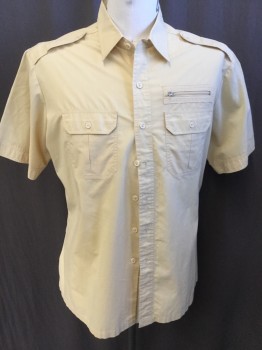 KENNINGTON, Tan Brown, Polyester, Cotton, Solid, Collar Attached, Epaulettes, Button Front, 2 Pockets with Flap and 1 with Zipper, Short Sleeves, 4" Side Split Hem