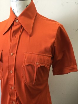Mens, Western Shirt, MCGREGOR, Rust Orange, Polyester, Solid, M, Stretchy Material, Short Sleeve Button Front, Collar Attached, 2 Patch Pockets with Batwing Flaps and 1 Button Closure,