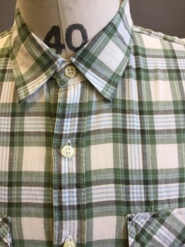 J CREW, Cream, Green, Black, Lt Blue, Cotton, Plaid, Long Sleeves, Collar Attached, Button Front, 2 Patch Pockets with Button Down Flaps