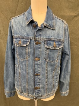 ZARA, Denim Blue, Cotton, Solid, Button Front,  Collar Attached, 4 Pockets, Long Sleeves, Button Cuff