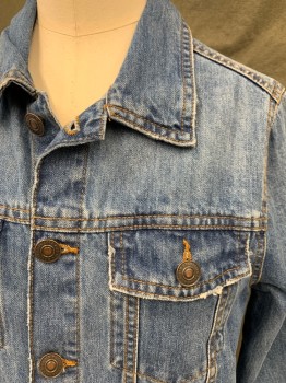 ZARA, Denim Blue, Cotton, Solid, Button Front,  Collar Attached, 4 Pockets, Long Sleeves, Button Cuff