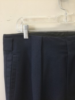 WOODY WILSON, Dk Blue, Wool, Solid, Herringbone, Unusual Waist with Box Pleats at Either Side, Wide 1.5" Belt Loops, Zip Fly, 4 Pockets, Wide Leg, Cuffed at Hem/Leg Opening, Made To Order