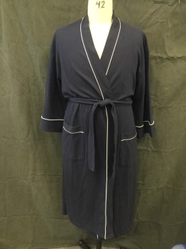 Mens, Bathrobe, LE 31, Navy Blue, Cotton, Polyester, Solid, O/S, Waffle Knit, Open Front, 3/4 Sleeve, White Piping, 2 Pockets, Self Belt, Belt Loops
