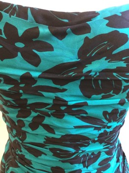 A.J. BARI, Teal Green, Black, Polyester, Floral, Strapless, Ruched at Sides with 2 Tiers Ruffle Hem, Zip Back, Self Large Bow Back