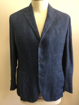 Mens, Sportcoat/Blazer, POLO RALPH LAUREN, Navy Blue, Linen, Solid, 46R, Single Breasted, Notched Lapel, 3 Buttons, 3 Pockets Including 2 Large Patch Pockets at Hips, Lined at Shoulders/Sleeves Only