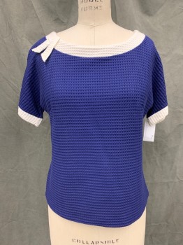 KORET Of CALIFORNIA, Navy Blue, White, Cotton, Color Blocking, Popcorn Knit, Navy with White Trim, White Boat Neck with Bow, White Cuff, Pullover, Raglan Short Sleeves,