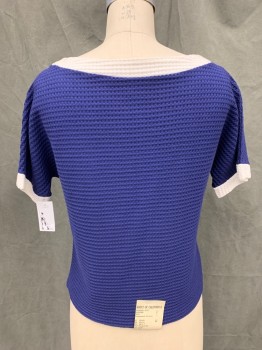 KORET Of CALIFORNIA, Navy Blue, White, Cotton, Color Blocking, Popcorn Knit, Navy with White Trim, White Boat Neck with Bow, White Cuff, Pullover, Raglan Short Sleeves,