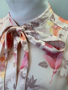 DEVON, Lt Peach, Taupe, Pink, Coral Orange, Polyester, Floral, 3/4 Sleeves, Band Collar with Self "Pussy Bow" Ties, Button Front, Gathered at Shoulder Seams, **Hem Coming Undone 8/26/21