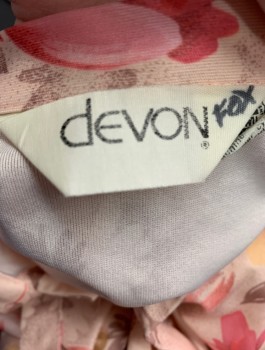 DEVON, Lt Peach, Taupe, Pink, Coral Orange, Polyester, Floral, 3/4 Sleeves, Band Collar with Self "Pussy Bow" Ties, Button Front, Gathered at Shoulder Seams, **Hem Coming Undone 8/26/21