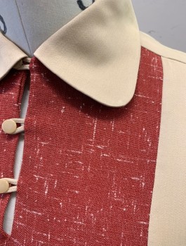 Mens, Casual Shirt, HOLLYWOOD RAMBLER, Beige, Brick Red, Cotton, Silk, Color Blocking, Speckled, N:14, S, Long Sleeves, Pullover, Brick Red Panel at Center Front with White Streaks/Slubbed Texture, Rounded Collar, 3 Button and Loop Closures at Neck, Wool Rib Knit Waistband Center Back,