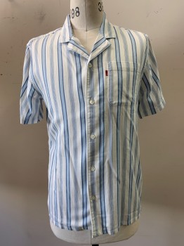 Mens, Casual Shirt, LEVI'S, Baby Blue, White, Blue, Cotton, Stripes - Vertical , S, S/S, Button Front, Collar Attached, Chest Pocket