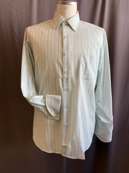 Mens, Shirt, NILSON PAIGE, Mint Green, White, Blue, Polyester, Cotton, Stripes, 33, 16.5, Button Front, Collar Attached, 1 Pocket, Long Sleeves, French Cuff with Button Holes for Cufflinks