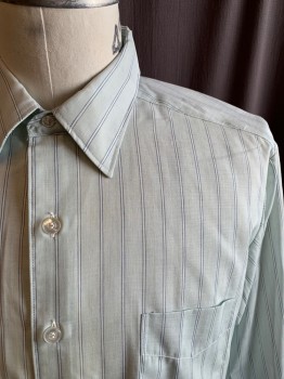 NILSON PAIGE, Mint Green, White, Blue, Polyester, Cotton, Stripes, Button Front, Collar Attached, 1 Pocket, Long Sleeves, French Cuff with Button Holes for Cufflinks