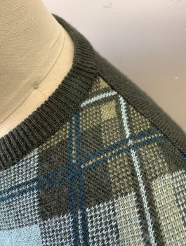 Mens, Pullover Sweater, KENNETH COLE, Dk Olive Grn, Lt Blue, Navy Blue, Beige, Acrylic, Wool, Plaid, Solid, L, Knit, Crew Neck, Long Sleeves, Front is Plaid Patterned, Sleeves and Back are Solid Olive