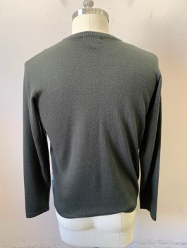 Mens, Pullover Sweater, KENNETH COLE, Dk Olive Grn, Lt Blue, Navy Blue, Beige, Acrylic, Wool, Plaid, Solid, L, Knit, Crew Neck, Long Sleeves, Front is Plaid Patterned, Sleeves and Back are Solid Olive