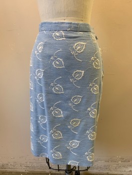 Womens, 1960s Vintage, Suit, Skirt, N/L, Powder Blue, White, Cotton, Leaves/Vines , H:35, W:24, Pencil Skirt, Leaf and Berry White Embroidered Pattern, 1" Wide Waistband, Darts at Waist, Knee Length, Side Zipper