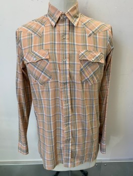 Mens, Western Shirt, CORZINI, Beige, Tan Brown, Brown, Lt Blue, Cotton, Plaid, Tall, L, Subtle Metallic Stripes, L/S, Snap Front, Collar Attached, 2 Pockets with Flaps, Western Style Yoke