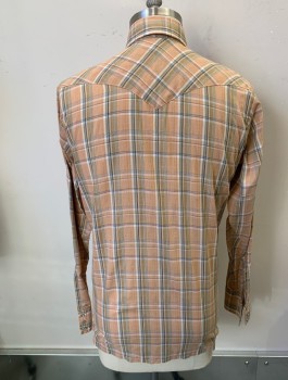 Mens, Western Shirt, CORZINI, Beige, Tan Brown, Brown, Lt Blue, Cotton, Plaid, Tall, L, Subtle Metallic Stripes, L/S, Snap Front, Collar Attached, 2 Pockets with Flaps, Western Style Yoke