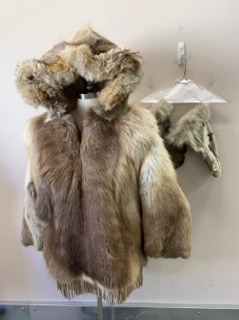 Mens, Historical Fiction Jacket, N/L, Beige, Brown, Ivory White, Fur, Leather, 40, Caribou Fur And Leather Fringe At Hem, Hood, Inuit, Heavy With Thick Fur. Made To Order,