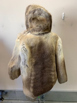 Mens, Historical Fiction Jacket, N/L, Beige, Brown, Ivory White, Fur, Leather, 40, Caribou Fur And Leather Fringe At Hem, Hood, Inuit, Heavy With Thick Fur. Made To Order,