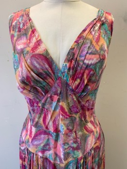 Womens, 1970s Vintage, Dress, NO LABEL, Pink, Orange, Magenta Pink, Turquoise Blue, Purple, Polyester, Abstract , W34, B36, Sleeveless, V Neck, Pleated, Side Zipper