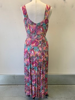 Womens, 1970s Vintage, Dress, NO LABEL, Pink, Orange, Magenta Pink, Turquoise Blue, Purple, Polyester, Abstract , W34, B36, Sleeveless, V Neck, Pleated, Side Zipper