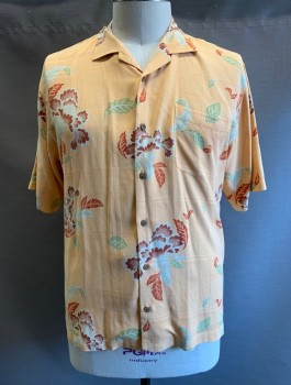 Mens, Hawaiian Shirt, TOMMY BAHAMA, Lt Orange, Burnt Orange, Beige, Lt Green, Silk, Floral, L, C.A., Button Front, S/S, 1 Breast Pocket