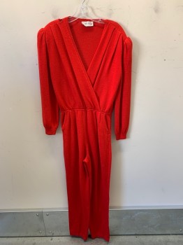 Womens, Jumpsuit, ...JOHN, Red, Wool, Solid, W29-32, B41, H42, Knit, Surplice V-Neck, L/S, 2 Pockets, Puffy Sleeves