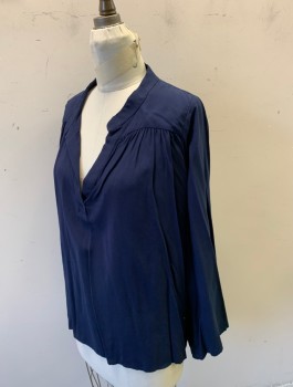 Womens, Blouse, TYSA, Navy Blue, Rayon, Solid, S, 3/4 Flared Sleeves, Pullover, Band Collar with V-Notch at Center Front, Gathered Into Shoulder Yoke, Oversized Loose Fit