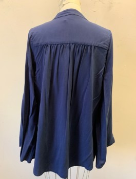 Womens, Blouse, TYSA, Navy Blue, Rayon, Solid, S, 3/4 Flared Sleeves, Pullover, Band Collar with V-Notch at Center Front, Gathered Into Shoulder Yoke, Oversized Loose Fit