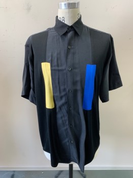 GOOUCH, Black, Blue, Yellow, Charcoal Gray, Silk, Solid, Rectangles, Twill, C.A., B.F., S/S, CB Boxpleat