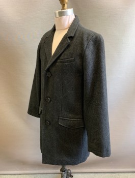 Childrens, Coat, ZARA BOYS, Charcoal Gray, Polyester, Acrylic, Birds Eye Weave, 9/10, Boys, 3 Buttons, Notched Lapel, 3 Pockets, Black Quilted Lining, Above Knee Length