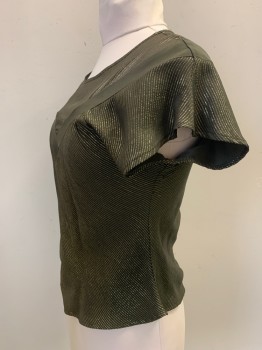 Womens, Blouse, PAOLA, Dk Olive Grn, Gold, Polyester, Stripes, 8, B38, S/S, Rounds Neck, V Band, Flared Sleeves