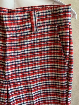 N/L, Red, Navy Blue, White, Polyester, Plaid, 3 Pockets, Zip Fly, Belt Loops
