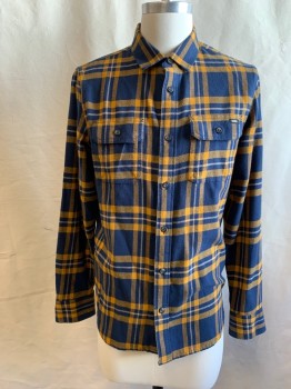 Mens, Casual Shirt, VANS, Navy Blue, Ochre Brown-Yellow, Cotton, Plaid, S, Flannel, Button Front, Collar Attached, Long Sleeves, Button Cuff, 2 Flap Pockets